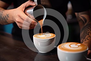 Barista pouring milk into cup of coffee in cafe, A coffee cup in a close up, held by a baristas hand and pouring coffee, AI