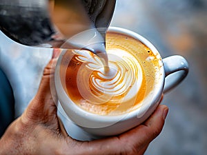 barista pouring milk latte art from silver pitcher into the hot coffee cup. photo