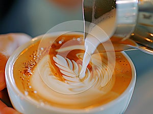 barista pouring milk latte art from silver pitcher into the hot coffee cup.