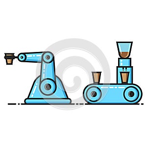 A barista robotic arm delivers a paper cup of coffee from a conveyor belt, a coffee machine with a coffee grinder makes coffee,