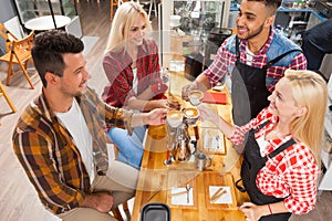 Barista serving clients give cup coffee shop bar counter