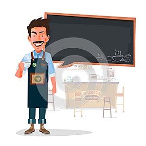 Barista talking . presenting. coffee shop concept. -