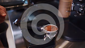barista weigh on scale holder robusta or arabica black coffee, making espresso