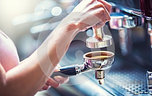 Barista woman making an espresso coffee. photo