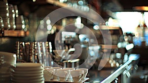 The baristas domain softly blurred and bathed in warm light showcasing shiny coffee equipment and orderly rows of