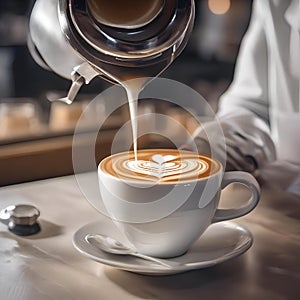 A baristas hands skillfully pouring latte art in the shape of a heart on a cappuccino3