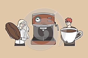 Baristas making coffee in modern machine