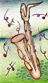 Baritone saxophone in a green landscape