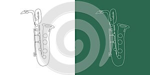 Baritone saxophone line drawing cartoon style. Brass instrument clipart drawing in linear style on white and chalkboard background