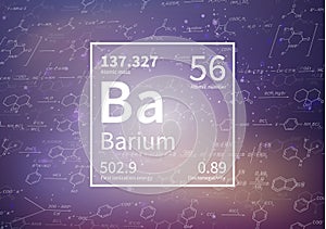 Barium chemical element with first ionization energy, atomic mass and electronegativity on scientific background