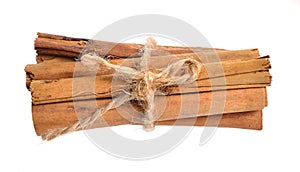 Bark from Cinnamomum verum or true cinnamon or Ceylon cinnamon. Isolated on white background