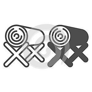 Bark log on support stand line and solid icon, forest industry concept. Vector graphics. Wood log with stand for manual