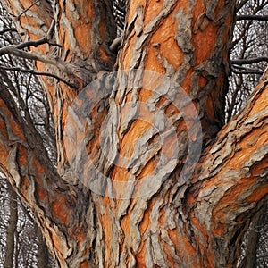 Bark of an old tree in a park in the winter