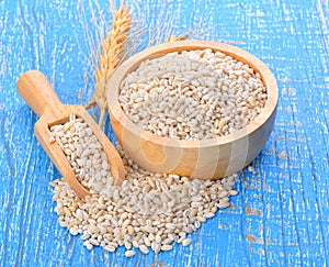 Barley grains on wooden background