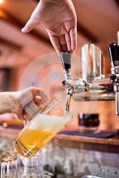 Barman at bistro or pub pouring lager and unfiltered beer in glass