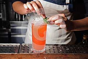 Barman is decorating cocktail with mint