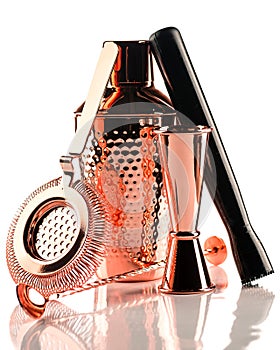 Barman equipment copper Shaker, strainer on white background. Set of bar tools isolated
