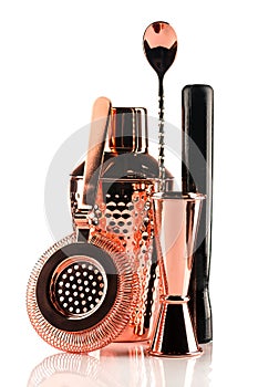 Barman equipment copper Shaker, strainer on white background. Set of bar tools isolated