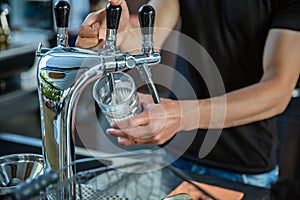 Barman hand at beer tap pouring a draught beer