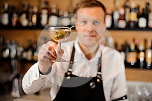 Barman holding a glass filled with alcoholic drink with olives