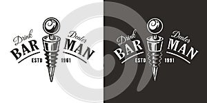 Barman logo or print with bottle stopper for bartending. Stopper or cocktail bar tool for bartender