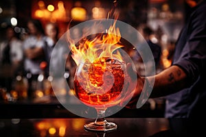 Barman is making a cocktail in a nightclub. Cocktail on fire. A glass of fiery cocktail on the bar counter against the background