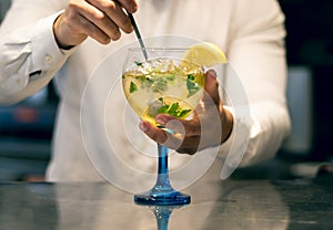 Barman mixing mojito cocktail on a balloon cup. Concept for alcoholic drinks and cocktails