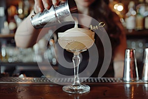 Barman pouring fresh alcoholic drink into the glass with ice cubes. Professional bartender prepare a fresh cocktail