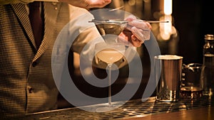 Barman pouring fresh alcoholic drink into the glasses bar counter with background