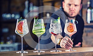 Barman in pub or restaurant preparing a gin tonic cocktail drin