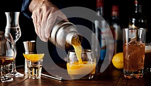 Barman serving a shaken alcoholic orange cocktail