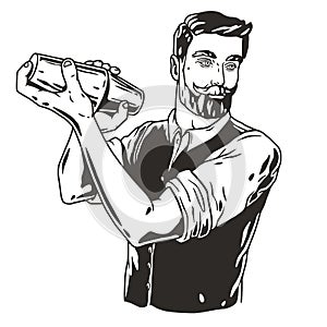 Barman with shaker for bartending. Barkeepr or bartender with beard and mustache for cocktail bar