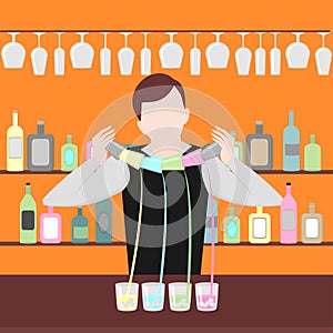 Barman show. Night life in bar. Man mix beverage. Alcoholic cocktails and bottles icon set.