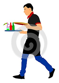 Barmen, waiter with empty and full trays, vector. Servant in restaurant taking orders.