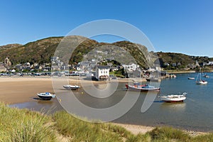 Barmouth Gwynedd North Wales coast town with boats and harbour and mountains