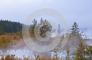 Barmsee in Alps in morning fog