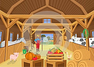 A barn with animals and farmer, view inside. Vector illustration in cartoon style