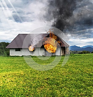 Barn, burning warehouse. At the farm. Fire