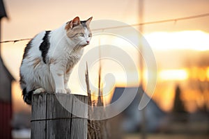 barn cat perched on a fence post at sunrise