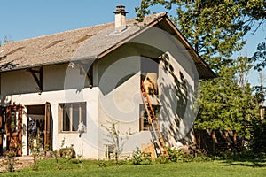 Barn facade in the countryside with ladder and horse in window