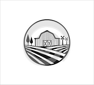 barn farm house in the middle of farming field vector icon logo design for agriculture