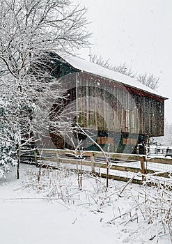 Barn on a farm in the snow in winter, Glen Rock, Pennsylvania