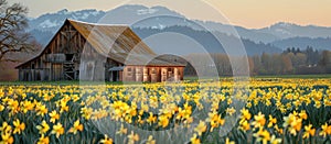 Barn in Field of Daffodils With Mountains