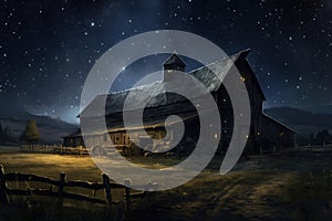 Barn in Field at Night, Serene, Rustic Image of a Lone Structure Illuminated Under the Starry Sky, A silent night in the