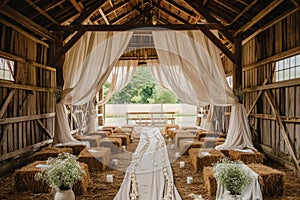 A barn filled with neatly stacked hay bales and covered tables, A rustic barn setting with hay bales and white linen drapes for a