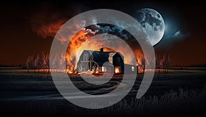 A barn fire on a farm. Ai generative