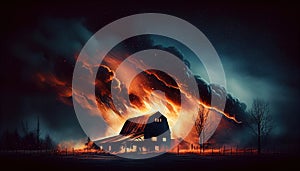 A barn fire on a farm. Ai generative