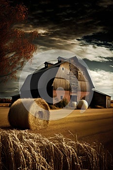 Barn and hay bales in rural landscape with dramatic sunset sky.