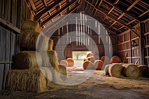 barn with hay bales stacked neatly inside