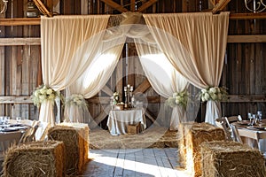 Barn With Hay Bales, Tables, and Chairs, A rustic barn setting with hay bales and white linen drapes for a countryside wedding, AI